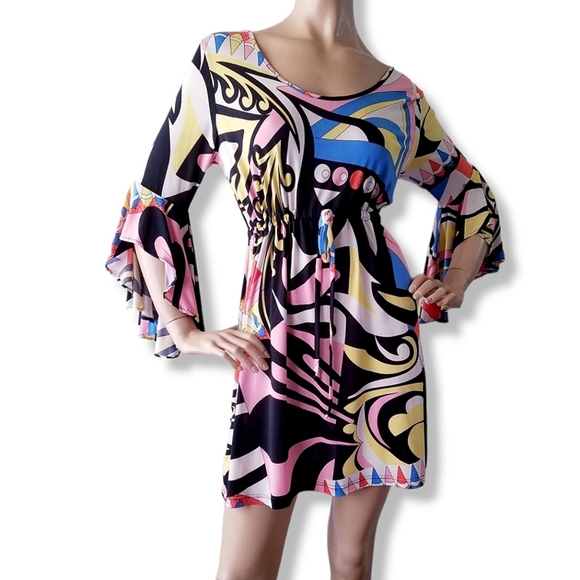 Black, Pink, Yellow & Blue Retro Mod Inspired Bell Sleeve Tie Waist Dress - Picture 8 of 8